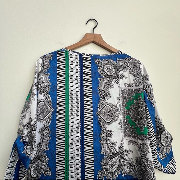 CHICOS 1 M Bandana Patchwork Roll Tab 3/4 Sleeve Blouse Satin Tapestry Scarf - Picture 10 of 11